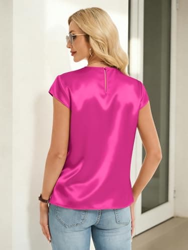 Funlingo Womens Silk Satin Tops Dressy Casual Cap Short Sleeve Flowy Blouses Crew Neck Business Work Shirts Summer Office Clothes Hot Pink M - Thumbnail 4