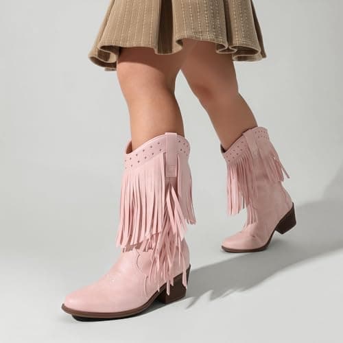 DREAM PAIRS Girls Cowboy Boots with Tassel Fringe Cowgirl Boots Kids Western Boots Stylish & Comfortable,Size 12 Little Kid,Pink,KKUMMB2508 - Thumbnail 2