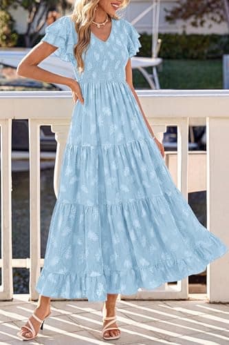 dowerme Maxi Dresses for Women 2026 Summer Ruffle Sleeve V Neck Smocked A Line Floral Boho Tiered Sundress Spring Outfit(Light Blue,Medium) - Thumbnail 4