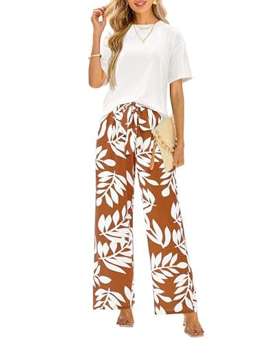 PRETTYGARDEN Women Summer 2 Piece Outfits 2026 Short Sleeve Knit Top Floral Print Belted Wide Leg Pant Sets With Pockets(Beige White Brown,Large) - Image 1