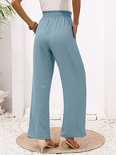 Heymoments Women's Wide Leg Lounge Pants with Pockets Blue Gray XX-Large Lightweight High Waisted Adjustable Tie Knot Loose Comfy Casual Trousers - Thumbnail 3