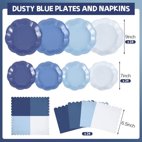 NatNarr Blue Plates and Napkins, Gradient Blue Baby Shower Decorations Include 7" & 9" Scalloped Dusty Blues Dessert Plates, Napkins for Wedding, Baby Bridal Shower, Birthday - Thumbnail 2