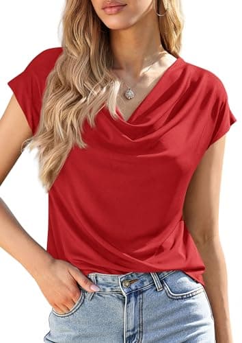 PRETTYGARDEN Womens Tops Dressy Casual Clothing 2026 Summer Cowl Neck Short Sleeve Blouses Spring Business Work Office Shirts (Red,X-Large) - Image 1