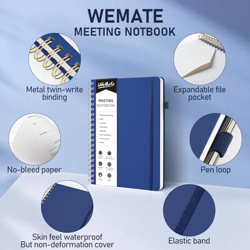 WEMATE 5 Pack Meeting Notebooks for Work（7"x10"） 200 Pages, PU Leather Notebook with Action Items & Note, For Staff & Students, Meeting, Projects Planning- Black, Blue, Green, Olive Green, Dark Blue - Thumbnail 6