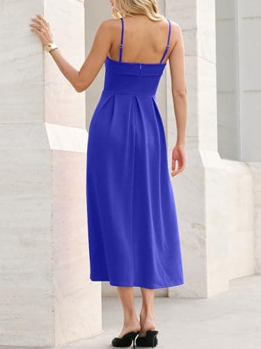 Caracilia Women’s Strapless Semi Formal Midi Dress Summer Tube Top Pleated Flowy Spring Wedding Guest Cocktail Party Dress Royal Blue Small - Thumbnail 3