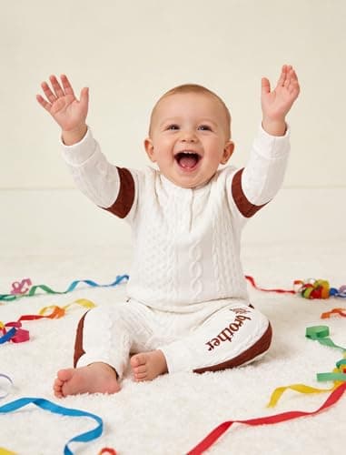 Hihosdor Newborn Boy Outfits Knit Long Sleeve Romper Pants Set Fall Winter Baby Boy Clothes, Brown, 3-6 Months - Thumbnail 2