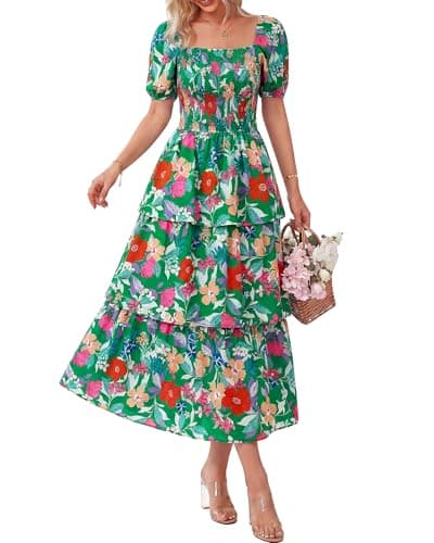 BTFBM Womens Square Neck Smocked Dress Summer Puff Short Sleeve Floral Casual Ruffle Tiered Maxi Wedding Guest Dresses(Floral Green Orange, Small) - Image 1
