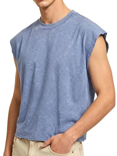 PLEPAN Men's Cropped Cotton Washed Tank Tops Comfort Drop Arm Sleeveless Tee Shirts Casual T Shirts Sky Blue Small - Image 1