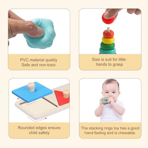 Teekdeer Montessori Toys for Babies 6-12 Months,8 in 1 Developmental Learning Toys Set Wooden Sensory Toys for Baby Toys 12-18 Months (Includes Tissue Box Toy,Stacking Cups and More) - Thumbnail 2