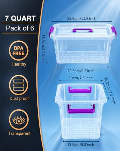 AREYZIN Plastic Storage Bins with Lids 6 Pack, 7 Quart Stackable Storage Containers with Buckle Latches, Heavy Duty Clear Organizer Bins for Home Office Supplies, Craft & Toy Storage, BPA-Free,Purple - Thumbnail 2