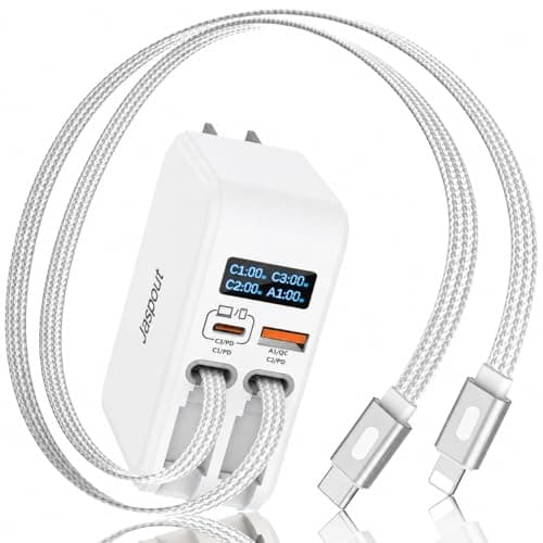 Jasput 67W Retractable Wall Charger, 4in1 GaN Fast Charger with 3.3FT Built-in USB-C & for iPhone Cables, LED Display, Foldable Travel Charger with USB-C/A Ports for MacBook, iPhone 8-17, iPad, Galaxy - Image 1