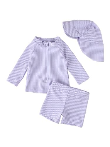 JiAmy Toddler Baby Girls Rash Guard Set with Swim Trunks for Kids 3PCS Long Sleeve Rashguard Swim Set Sunsuits Bathing Suits Purple 9-12 Months - Image 1