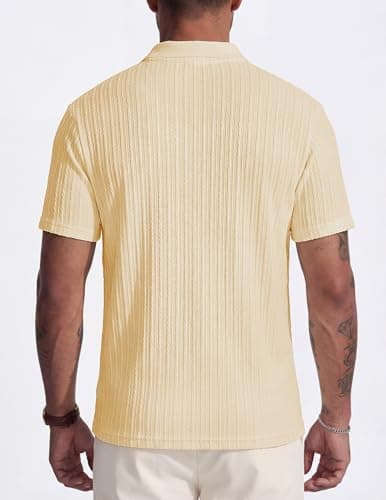 JMIERR Mens Fashion Polo Shirt Spring Short Sleeve Vacation V Neck Dress Shirts Beach Knit Men Gift, L, Yellow - Thumbnail 5