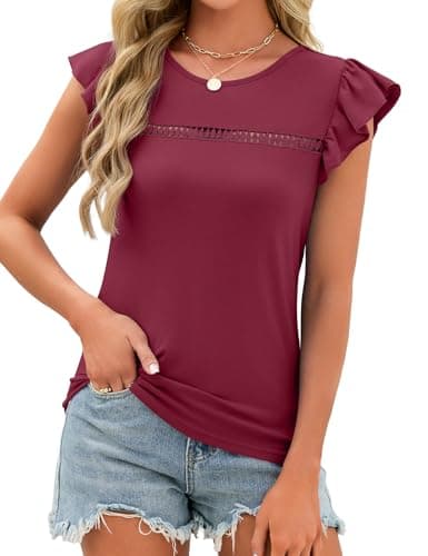 JUSTFASHIONNOW Womens Ruffle Short Sleeve Tops Cute Red Summer Shirts Dressy Casual Crew Neck Blouses 2026 Fashion Outfits(Wine Red,Medium) - Thumbnail 5