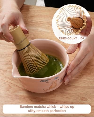 Matcha Whisk Set, Ceramic Matcha Set Includes Matcha Bowl, Matcha Whisk and Holder, Bamboo Scoop, Scoop Rest, Sifter and Tea Towel - 7 Pcs Matcha Kit(Pink) - Thumbnail 4