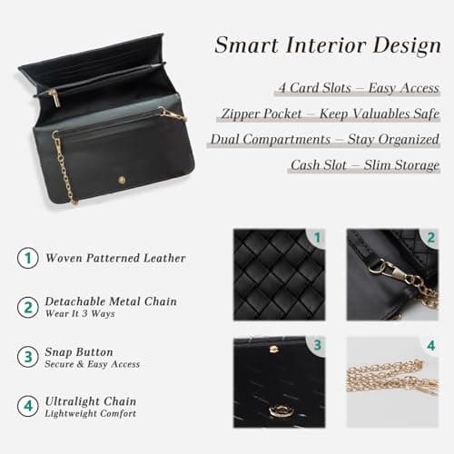 U+U Crossbody Bags for Women, Small Leather Bag with Removable Chain, Card Slots & Phone Pocket - Lightweight Purse Wallet (Black) - Thumbnail 6