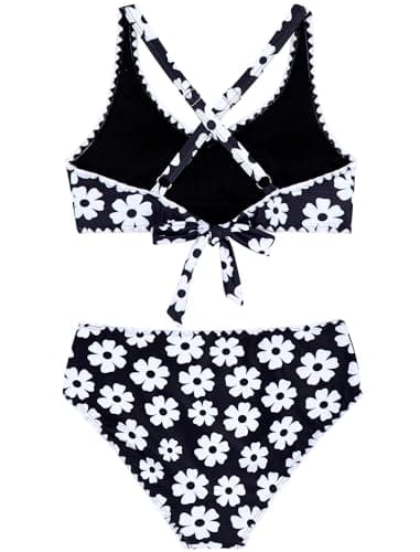 HOZIY Kids Swimsuits Size 16-18 Girls Bathing Suits Two Piece Bikini Sets Teen Crisscross Contrast Trim Swimming Suits Teenage Black Floral Swimwear - Thumbnail 6