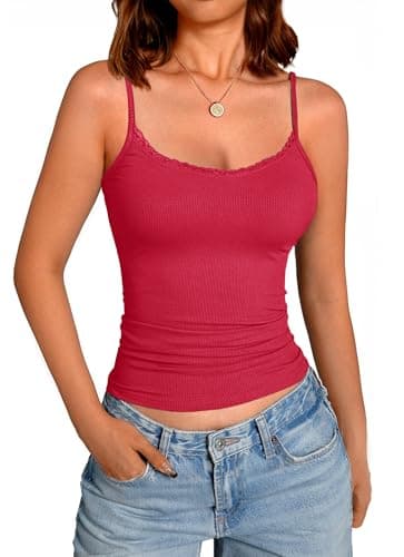 GKBK Sleeveless Camisole Tank Tops for Women Y2K Spaghetti Strap Lace Scoop Neck Slim Fit Basic Cami Shirts Going Out Beach Vacation Summer Top Red XL - Image 1
