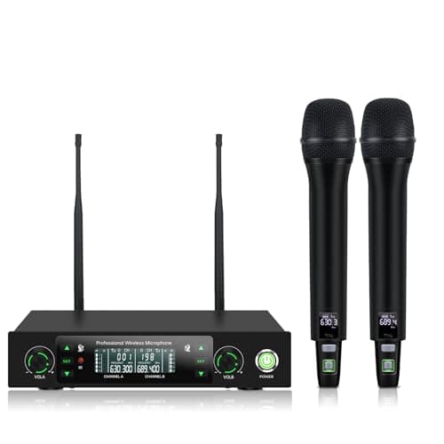 Loewieta Wireless Microphone System, Dual UHF Metal Cordless Mic Set for Karaoke Singing, Church, DJ, Party, Wedding, 500ft Long Range, Auto Scan, Anti-Interference, Handheld Dynamic Microphones