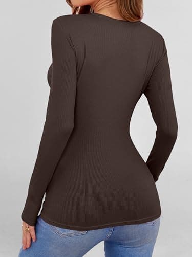 ANRABESS Women's Long Sleeve Shirts Top Built in Bra,Coffee,M - Thumbnail 4