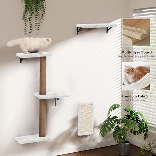 5-in-1 Cat Wall Shelves, Multi-Level Cat Climbing Furniture, Perch & Lounge for Indoor Cats, Space-Saving Wall Mounted Shelves for Play & Rest (Natural Wood) - White - Thumbnail 2