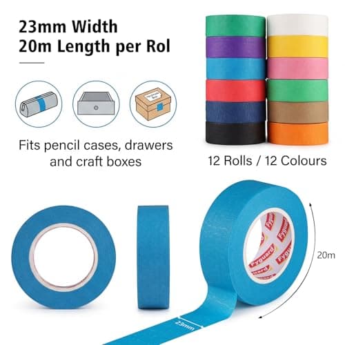Fyguard 12 Rolls Colored Masking Tape I Inch × 240Yard Total Colored Painters Tape Rolls, Writable Removable Colorful Craft Tape for Kids Labeling Arts Crafts Classroom Decor, 23mm×20m×12Rolls - Thumbnail 2