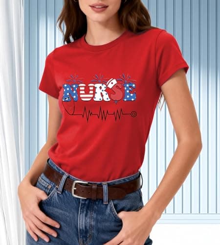 4th of July Nurse Shirt Women-Patriotic Nurse Short Sleeve Cute Firework Tee Top Nursing School Tops D-red - Thumbnail 4