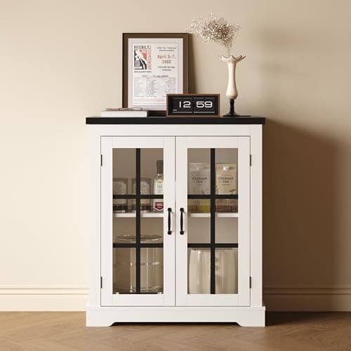 PeacefulHues Buffet Cabinet with Storage, Sideboard Buffet with Glass Doors, Built-in Power Outlet, Black Relief Top Plate, for Kitchen, Coffee Bar, Pantry, Living Room - Image 1