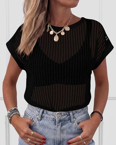 KIRUNDO Crochet Tops for Women 2026 Summer Beach Vacation Clothes Cover Up Mesh Top Lightweight Sweater Cruise Resort Wear(Black, Small) - Thumbnail 4