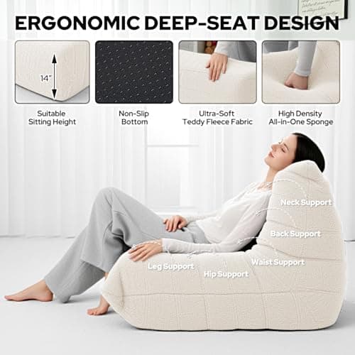 HABUTWAY Bean Bag Chairs Fireside Lazy Floor Sofa, Soft Teddy Fleece Bean Bag Sofa with High-Resilience Foam Filling，Beanbag for Living Room, Bedroom, Office (Beige Teddy) - Thumbnail 3