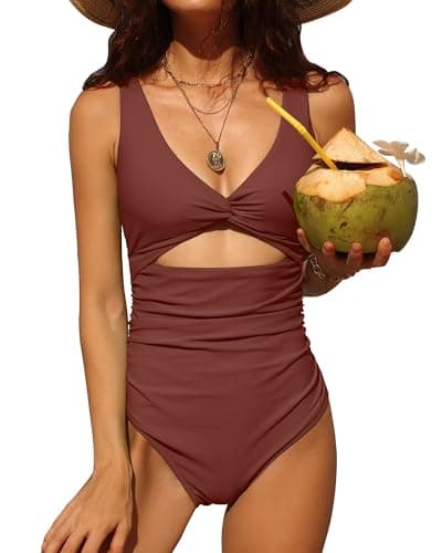 Charmo Womens One Piece Swimsuit Ruched Tummy Control High Cut Backless V Neck Bathing Suits Swimwear Coffee Small - Image 1