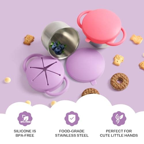2 Pack Snack Cups for Toddlers Spill Proof - Detachable Stainless Steel Toddler Snack Cups with Silicone Lids & Handles - Dishwasher Safe Baby Snack Containers for Mess-Free Snacking (Red and Purple) - Thumbnail 4
