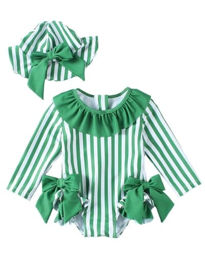 JiAmy Toddler Baby Girls One Piece Swimsuit Long Sleeve Zip Up Bowknot Swimwear Bathing Suit Rash Guard with Sun Hat Set Green 6-12 Months - Image 1