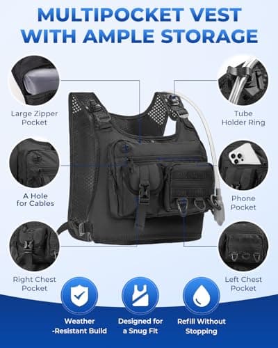 Running Vest with 2L Water Bladder, Hydration Backpack with Adjustable Straps, Lightweught & Breathable Design, Reflective Chest Pack for Men & Women, Ideal for Running and Cycling, Black - Thumbnail 2