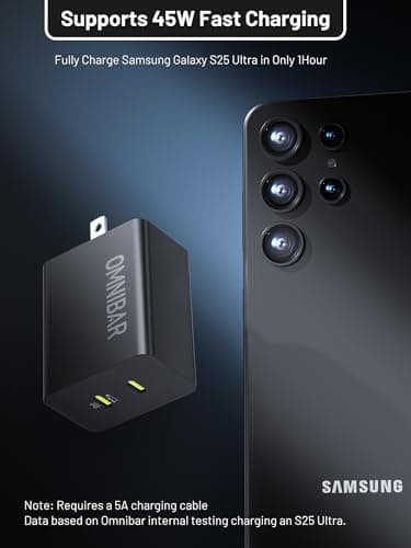 Omnibar 45W Super Fast Charger USB C Dual Port Android Phone Charger Type C Fast Charging Block, Foldable PD3.0 PPS USB C Wall Charger for Samsung S26/S25/S24/S23/S22, iPhone 17/16/15, iPad, Black - Thumbnail 3