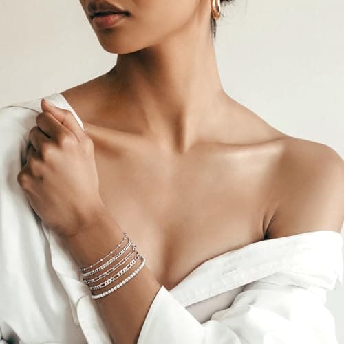 adoyi Silver Bracelets for Women, 14K Gold Plated Stackable Bracelet Stack Set Adjustable Charm Paperclip Chain Cuban Link Layered Waterproof Jewelry Gifts for Womens 6.8 Inch - Thumbnail 6