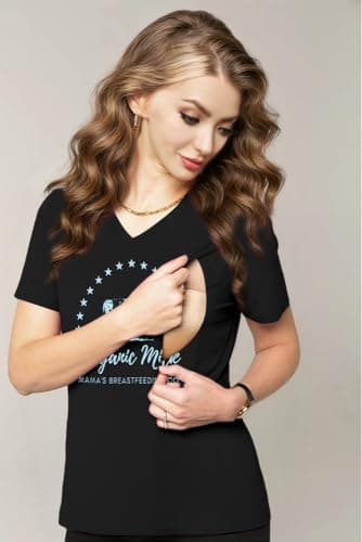 LUKYCILD Nursing Shirts for Breastfeeding Women Zipper Nursing Maternity Graphic Tee Mama Breast Feeding V Neck Tops Black - Thumbnail 5
