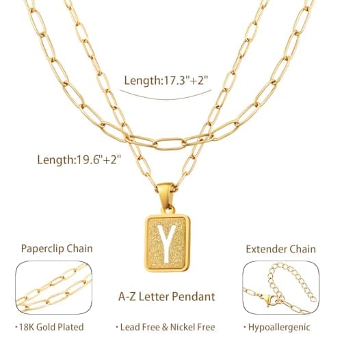 LETFLY Initial Gold Necklaces for Women, 18K Gold Plated Letter Layering Necklace Square Shaped Pendant with Adjustable Paperclip Chain for Womens Jewelry Gifts Alphabets Y - Thumbnail 4