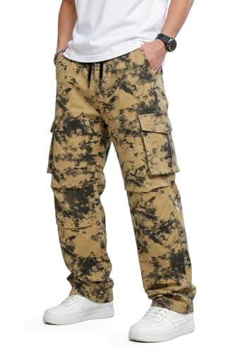 GINGTTO Baggy Cargo Pants Men Brown Camo Wide Leg Fashion Y2K Loose Fit Streetwear Drawstring Stretch 32 - Thumbnail 2