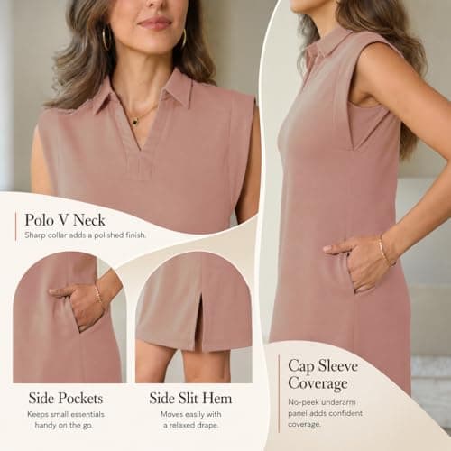 BEXIBOOM Women's Summer 2026 Casual Polo V Neck Collared Cap Sleeve T Shirt Loose Fit Knee Length Dresses with Pockets Red Gray-L - Thumbnail 5