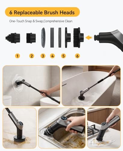 Electric Spin Scrubber,Cordless Power Shower Scrubber with 6 Replaceable Brush Heads,120 Mins Runtime Cleaning Brush with Adjustable Extension Arm for Bathroom,Tub,Tile,Floor - Thumbnail 4