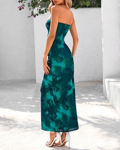 BTFBM Women Summer Strapless Maxi Dress 2026 Bodycon Floral Long Wedding Guest Dress Formal Tube Mesh Cocktail Dresses(Floral Lake Blue, Medium) - Thumbnail 3