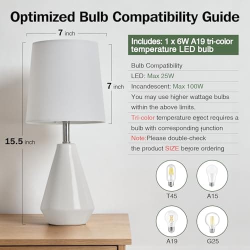 bdayanx Small Bedside Table Lamp for Bedroom - Reading Desk Lamp with 3 Color Temperatures，15.5" Nightstand Ceramic Lamp with Fabric Shade for Kids Room,Living Room,Dorm,Home Office (White) - Thumbnail 6