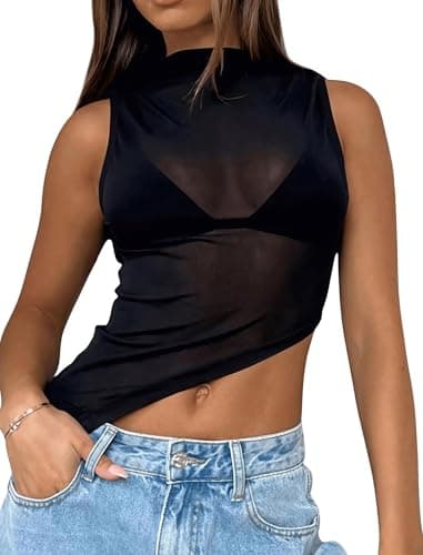 Matunana Womens Sheer Mesh Tank Tops Going Out Mock Neck Sleeveless Asymmetrical See Through Lace Shirt Summer 2026 Black M - Image 1