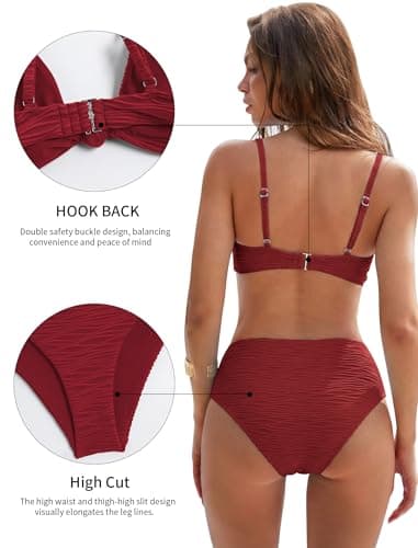 ZAFUL High Cut Bathing Suits for Women 2 Piece Bikini Sets Swimsuit High Waisted Thong Bikini Bottom Sexy Kont Front Push Up Bikini Top Wine S - Thumbnail 5