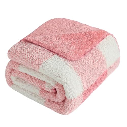 LURKA Checkered Sherpa Fleece Throw Blanket – Soft and Cozy, Medium Weight for All Season, Plush Throw for Couch, Bed & Pets, Powder Pink, 50x60 Inches - Image 1