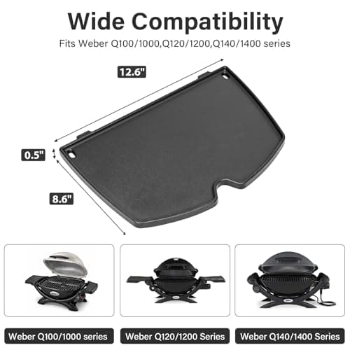 BLUES GRILL PARTS 6558 Cast Iron Griddle Plate - 12.6" x 8.6" Cooking Griddle Replacement, Fits Weber Q100/Q120/Q140/Q1000/Q1200/Q1400 Series (Models 50060001/51010001/51080001) - Thumbnail 2