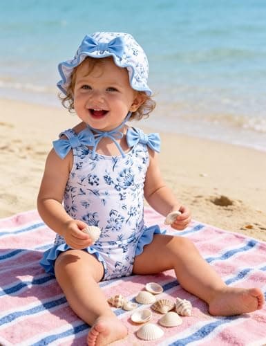 GEMLON Toddler Girl Swimsuit 4T One Piece Swimsuit Girls with Hats Floral Printed Ruffled Bow Beach Swimwear - Thumbnail 2