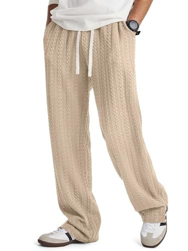 JMIERR Mens Baggy Pants Casual Cable Side Slit Hem Drawstring Waist Relaxed Fit Streetwear Pants with Pockets Khaki - Image 1