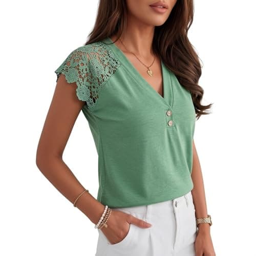 Angashion Womens Tops Lace Short Sleeve Casual V Neck Tunic with Button Summer Elegant Business Work Blouse Light Green Small - Thumbnail 5